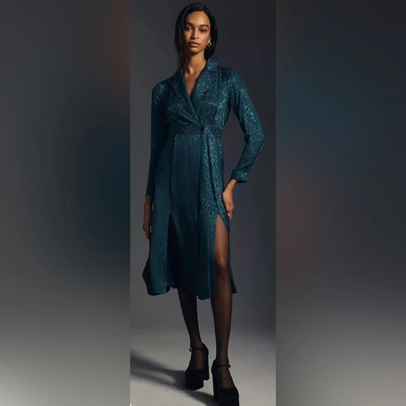 By Anthropologie Womens Size 12 Blazer Wrap Dress Midi Deep Teal Front Slits - Picture 3 of 12